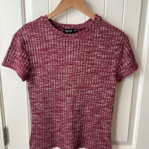 Boohoo Man Men's Small Red Ribbed Knit Crew Neck T-Shirt Summer